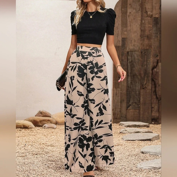 Tops - Women'S Puff Sleeve Top And Flower Printed Wide Leg Pants Two Piece Set